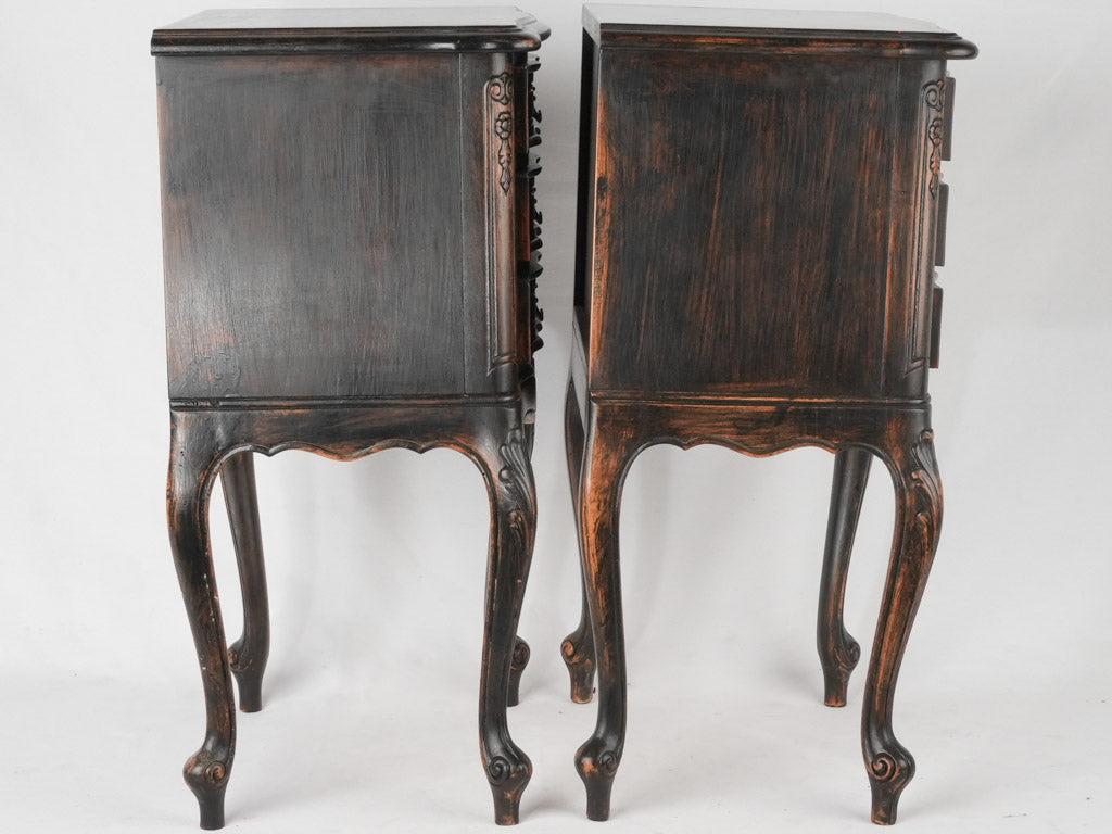 Pair of Louis XV style nightstands w/ black patina