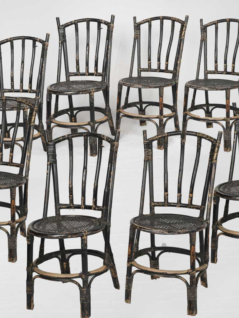 Set of 8 Mid-20th Century Black Painted Rattan Chairs / French bistro chairs