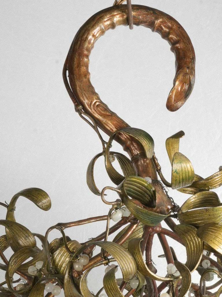 Rare Early 20th-Century Bronze Mistletoe Chandelier w/ Opaline Glass Berries - 19"