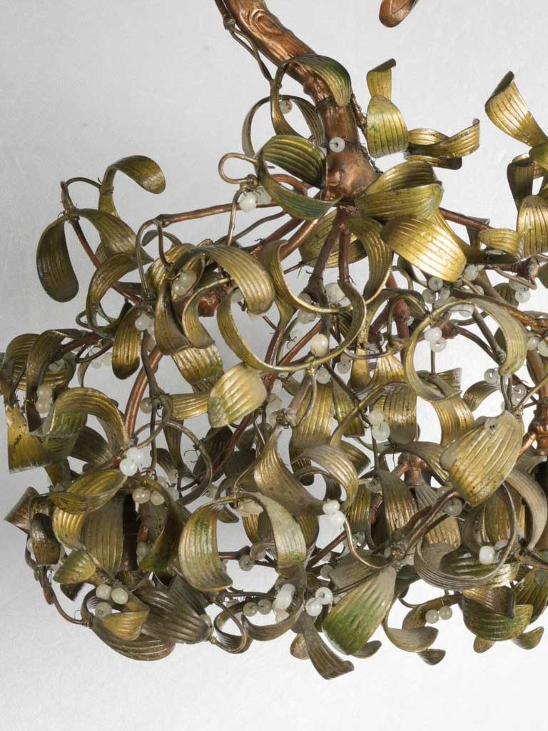 Rare Early 20th-Century Bronze Mistletoe Chandelier w/ Opaline Glass Berries - 19"