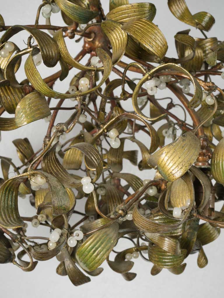 Rare Early 20th-Century Bronze Mistletoe Chandelier w/ Opaline Glass Berries - 19"