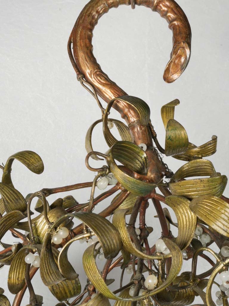 Rare Early 20th-Century Bronze Mistletoe Chandelier w/ Opaline Glass Berries - 19"