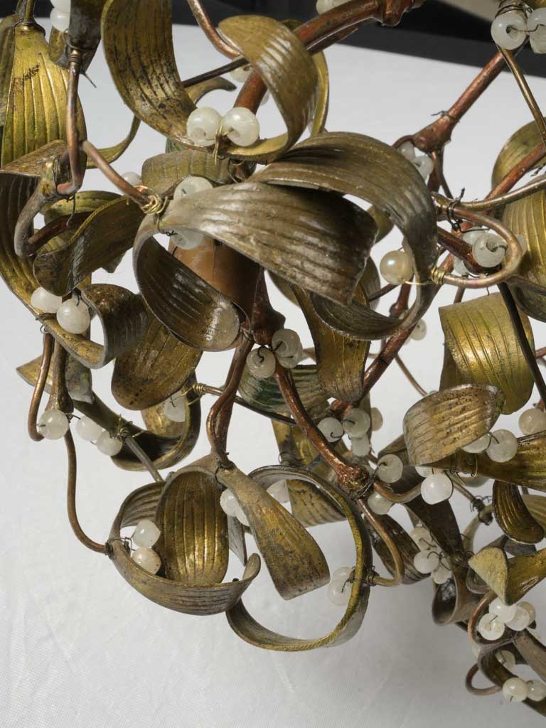 Rare Early 20th-Century Bronze Mistletoe Chandelier w/ Opaline Glass Berries - 19"