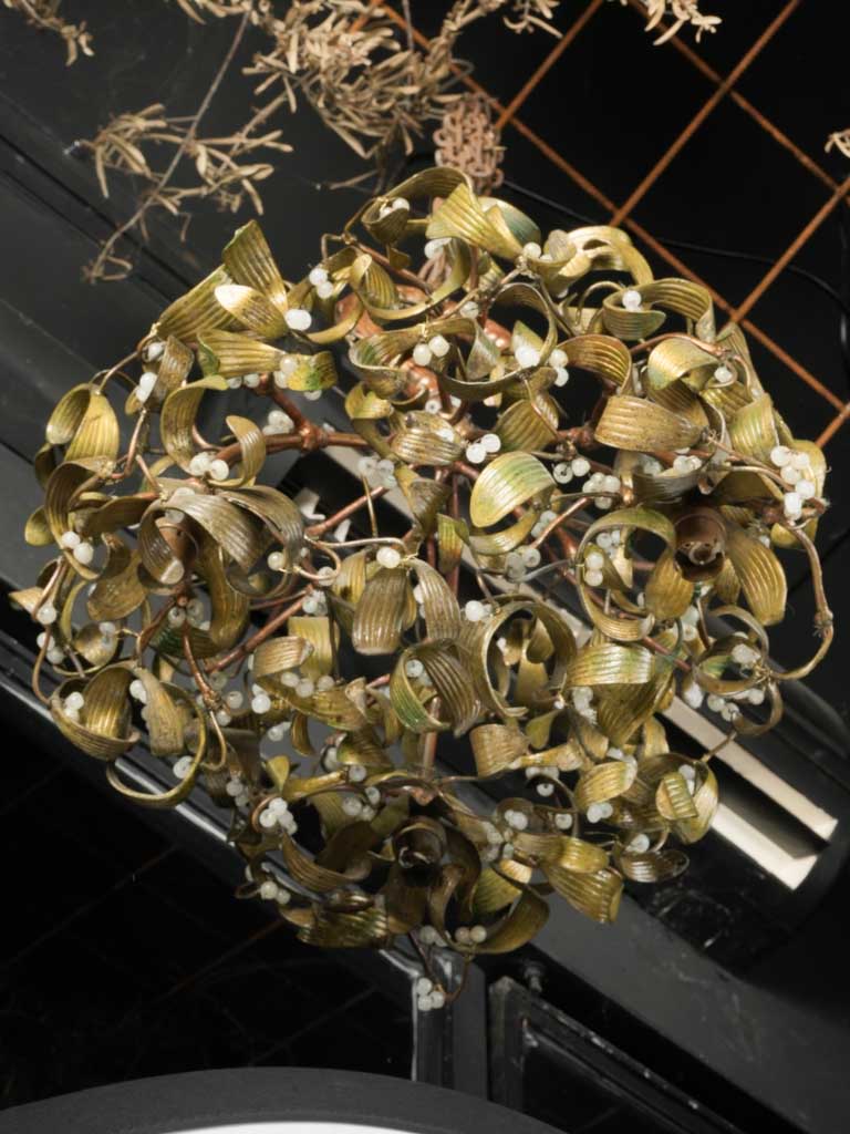 Rare Early 20th-Century Bronze Mistletoe Chandelier w/ Opaline Glass Berries - 19"