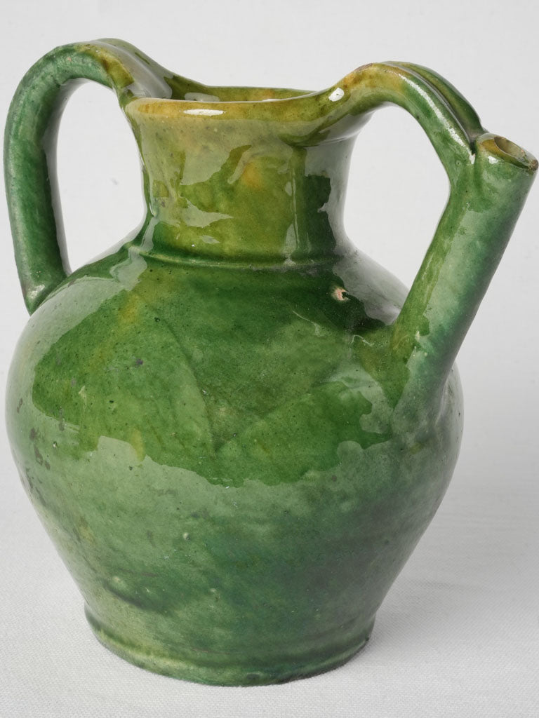 Early 20th-Century French Green Glazed Orjol Ewer 9½"