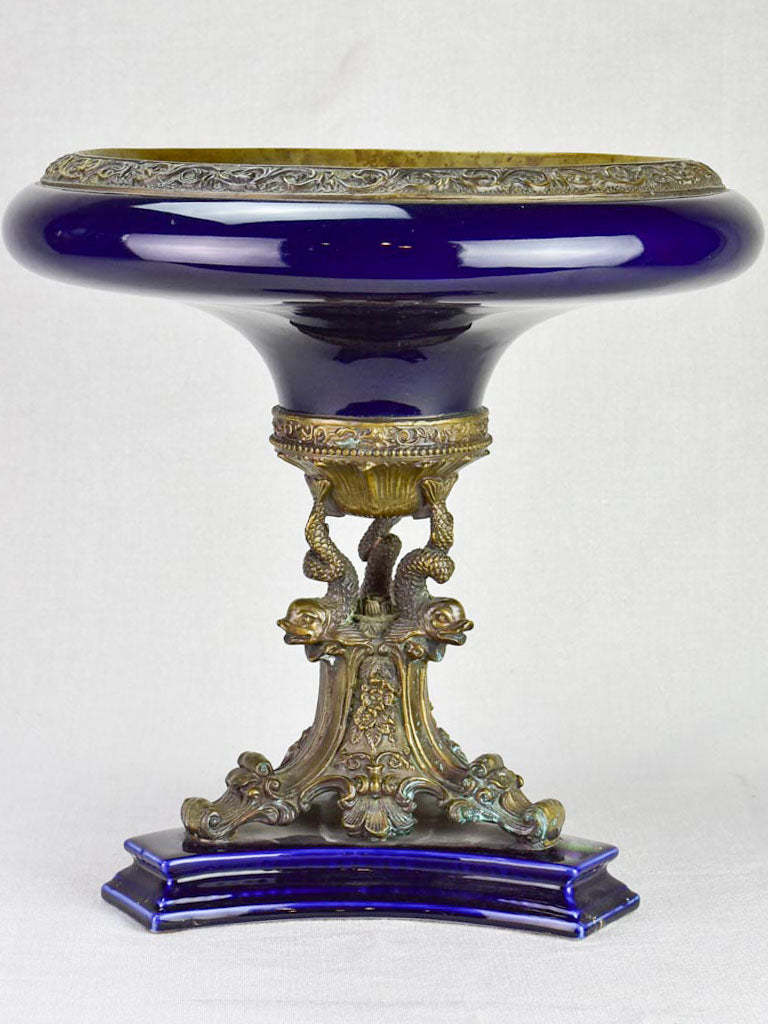 Napoleon III bronze and blue faience table centerpiece