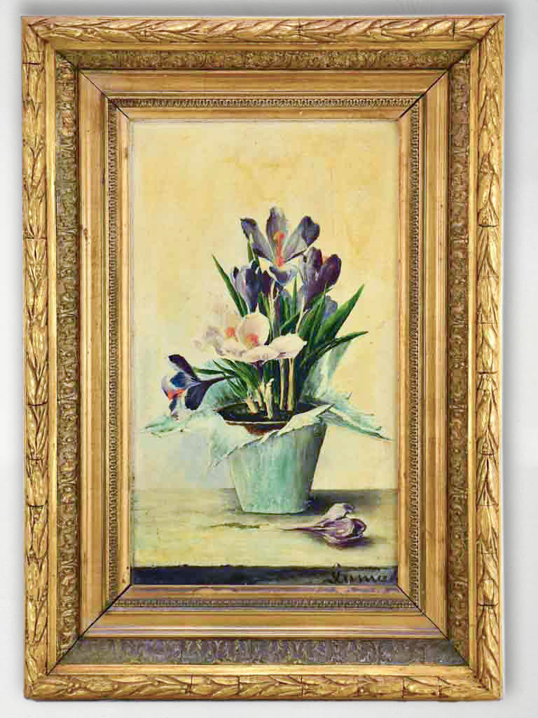 Antique French still life - crocus flowers in a pot. Oil on canvas, signed. 25¼ x 17¼""