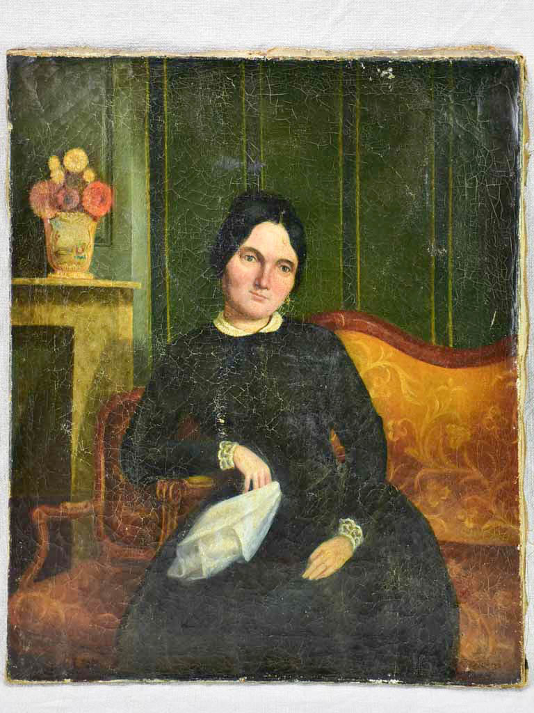 19th Century French portrait of a lady on a sofa. Oil on canvas 14¼" x 17¾"