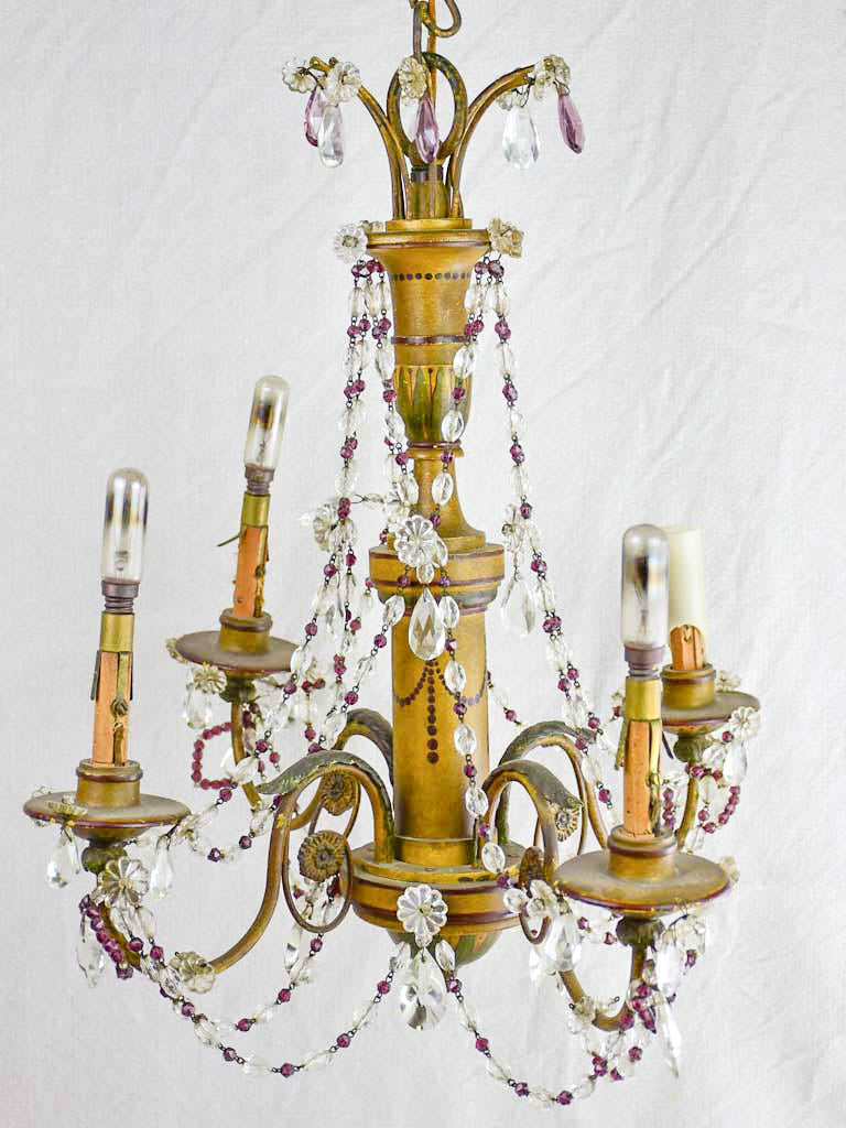 1940's French chandelier with four lights. Clear and violet pendants. 19¼" x 18"