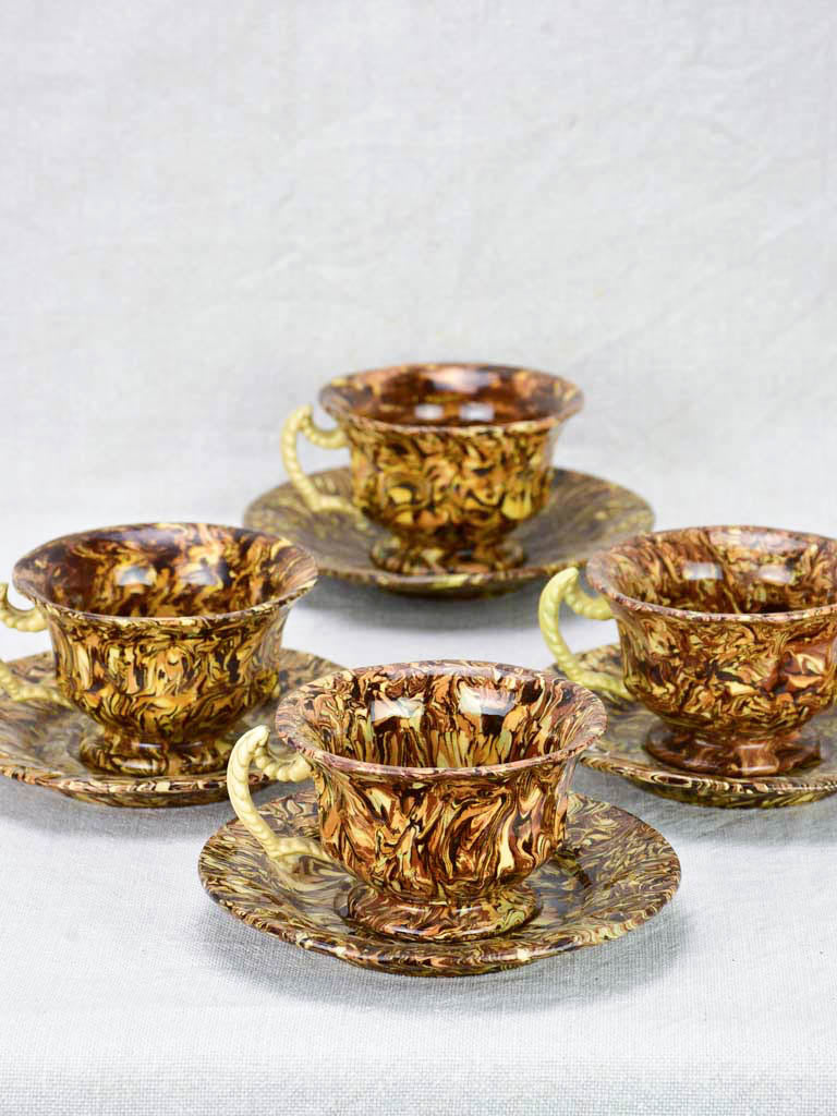 Rare set of four antique Aptware cups and saucers - brown nougatine