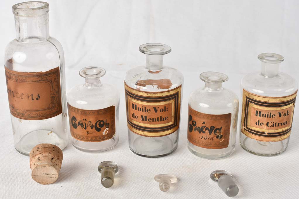 Collection 5 glass antique apothecary jars 3½" - 7"