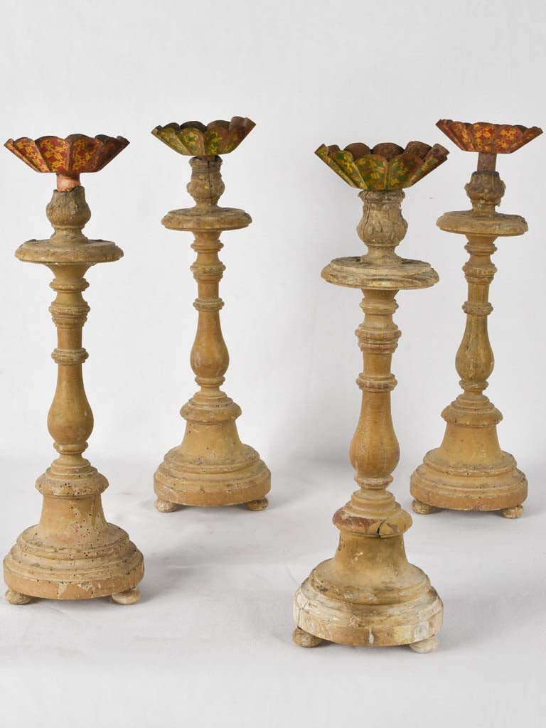 4 rustic wooden candlesticks w/ tole  17¼"