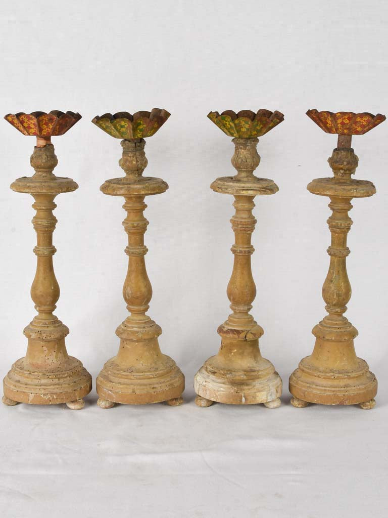 4 rustic wooden candlesticks w/ tole  17¼"