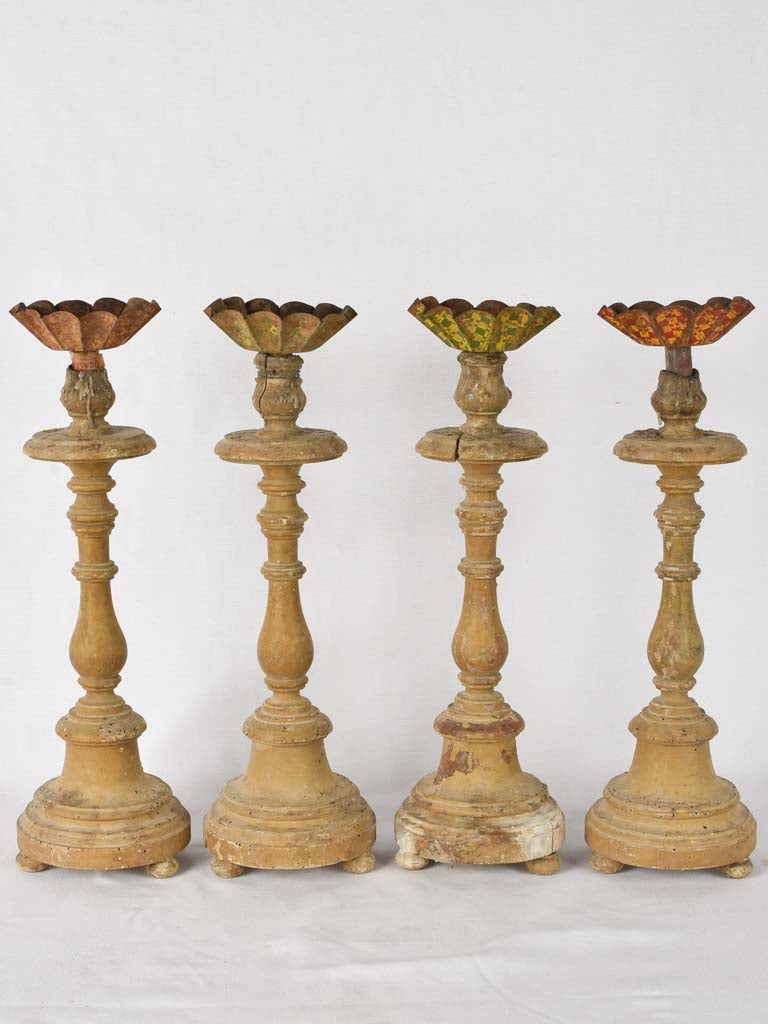 4 rustic wooden candlesticks w/ tole  17¼"