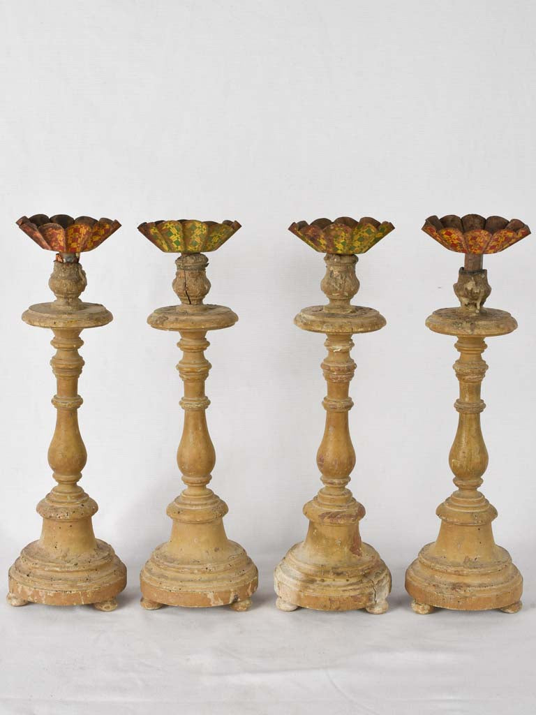 4 rustic wooden candlesticks w/ tole  17¼"