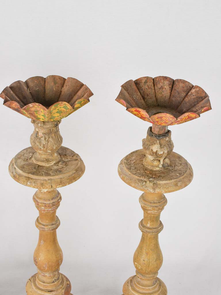 4 rustic wooden candlesticks w/ tole  17¼"