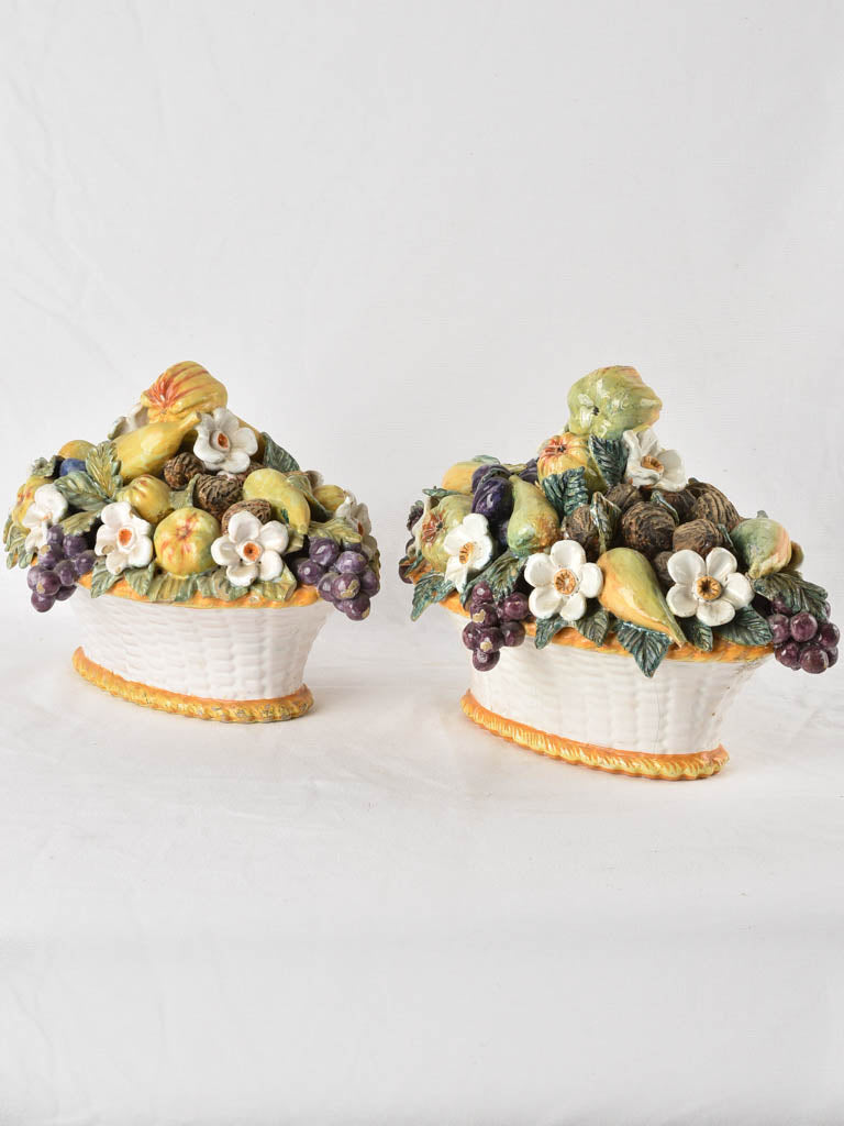 Pair of antique fruit basket majolica sculptures 18"