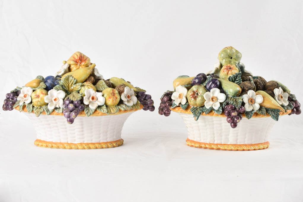 Pair of antique fruit basket majolica sculptures 18"