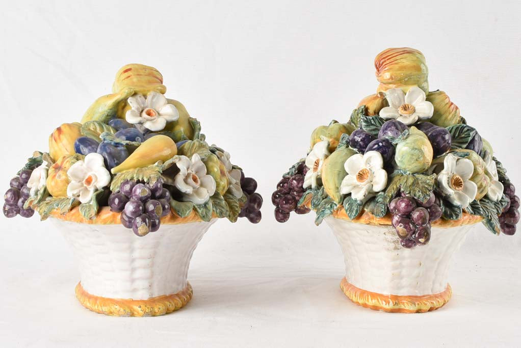 Pair of antique fruit basket majolica sculptures 18"