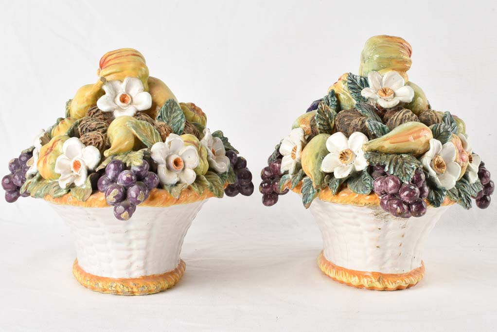 Pair of antique fruit basket majolica sculptures 18"