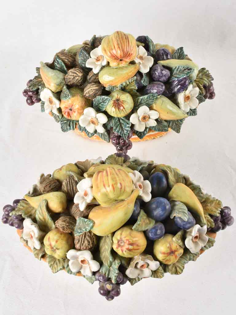 Pair of antique fruit basket majolica sculptures 18"