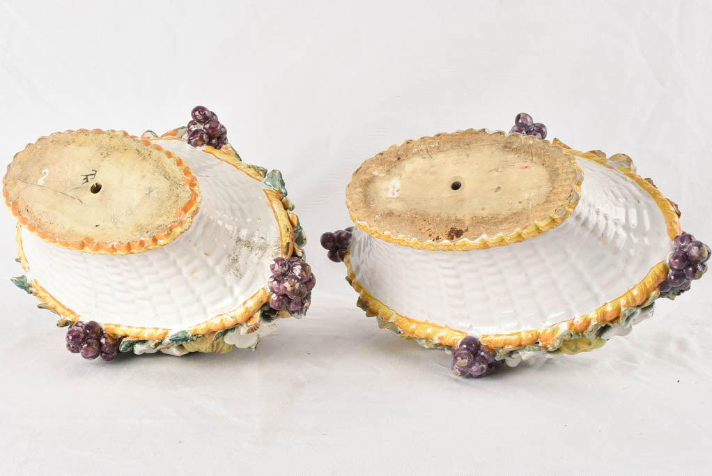 Pair of antique fruit basket majolica sculptures 18"