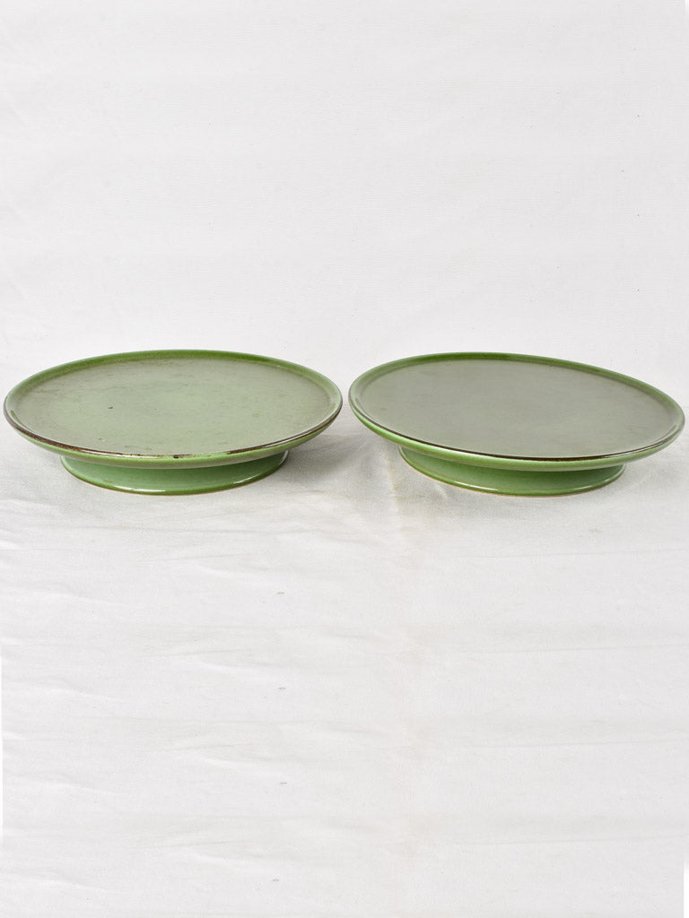 2 green glazed cake stands 11½"