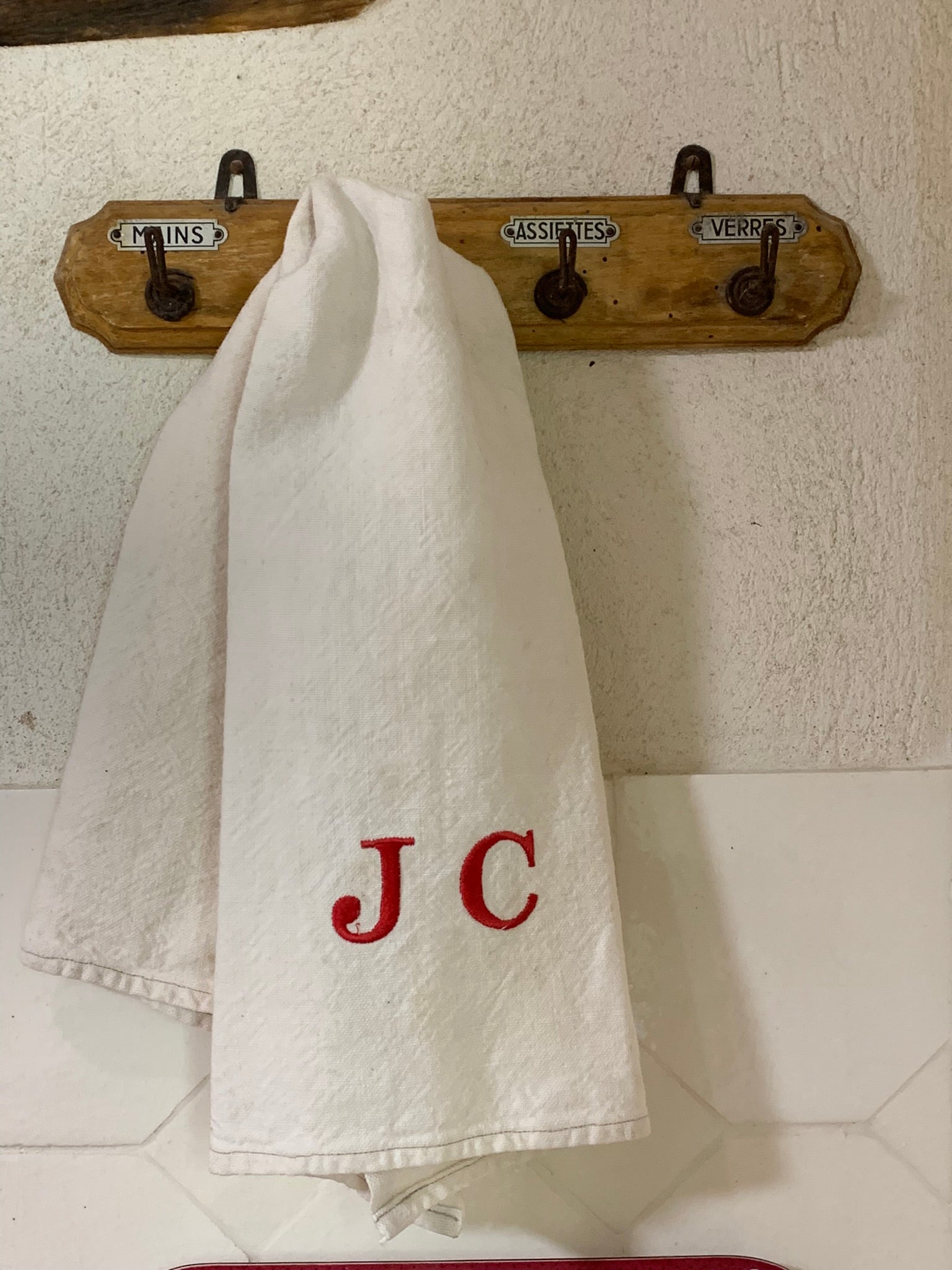 Vintage kitchen towel hooks w/ labels from Julia's kitchen 13½"