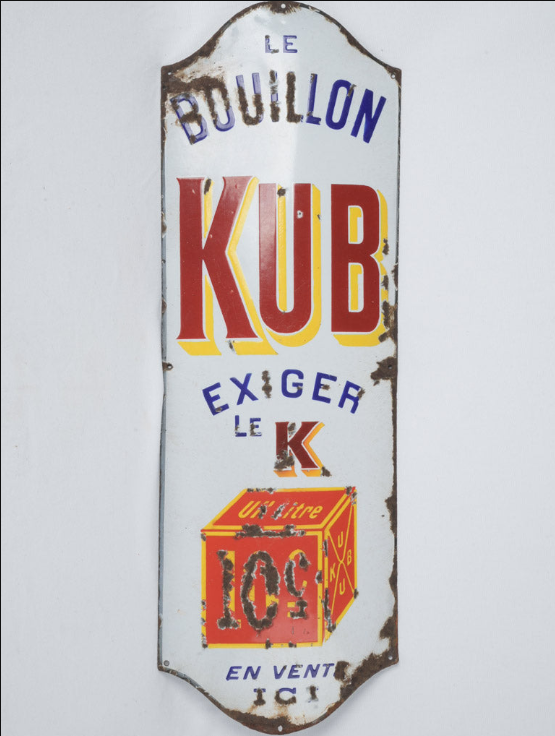 Large colorful French enameled épicerie advertisement sign for bouillon cubes 39" x 13½"