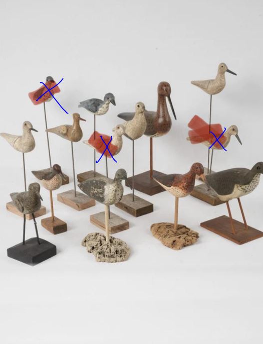 RESERVED SC Collection of 11 antique hunting decoy birds mounted on block stands