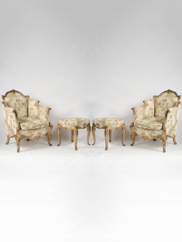 Regal Louis XV bergère upholstered armchairs