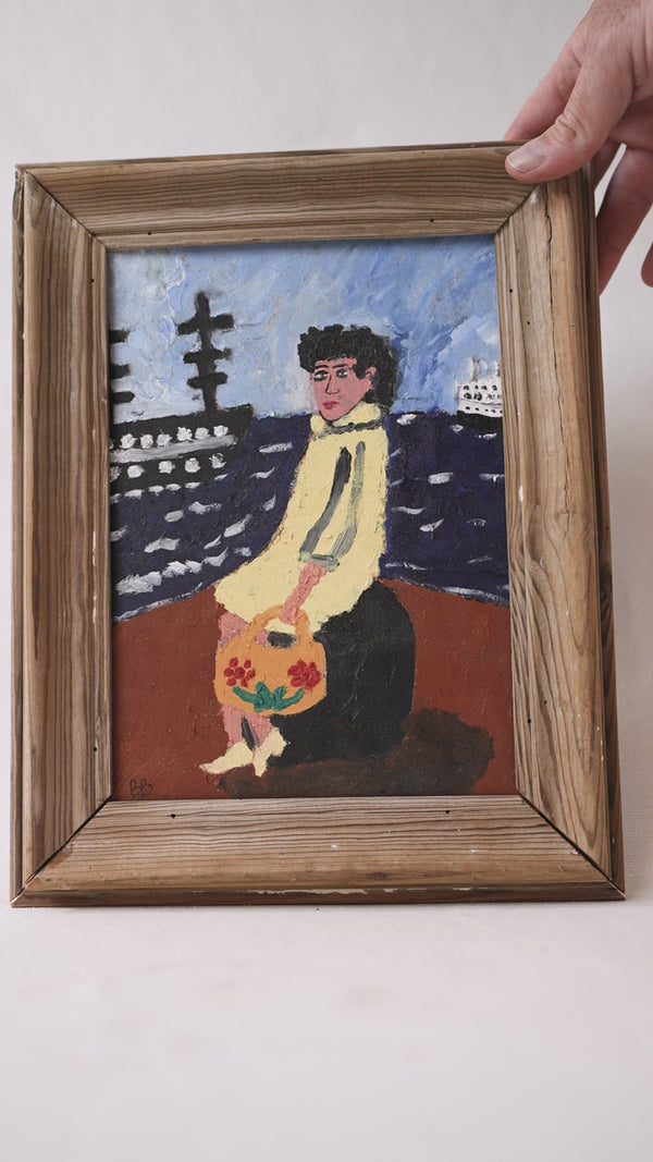 Small portrait painting of lady waiting at the port 13½" x 11"