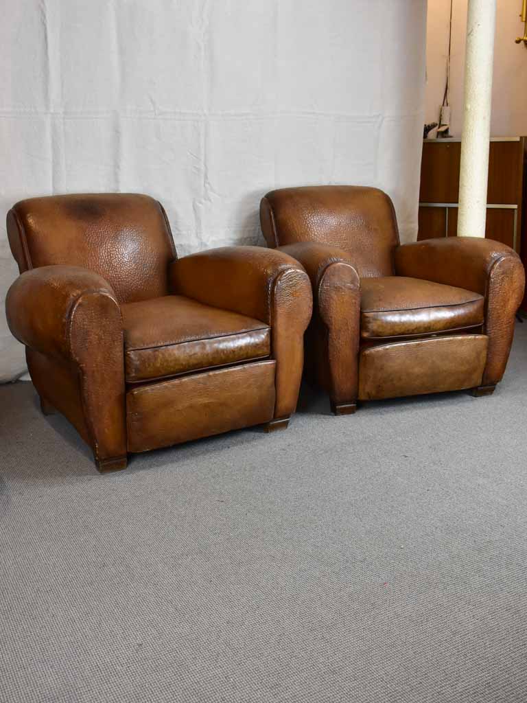 Pair of very large 1950's French leather club chairs