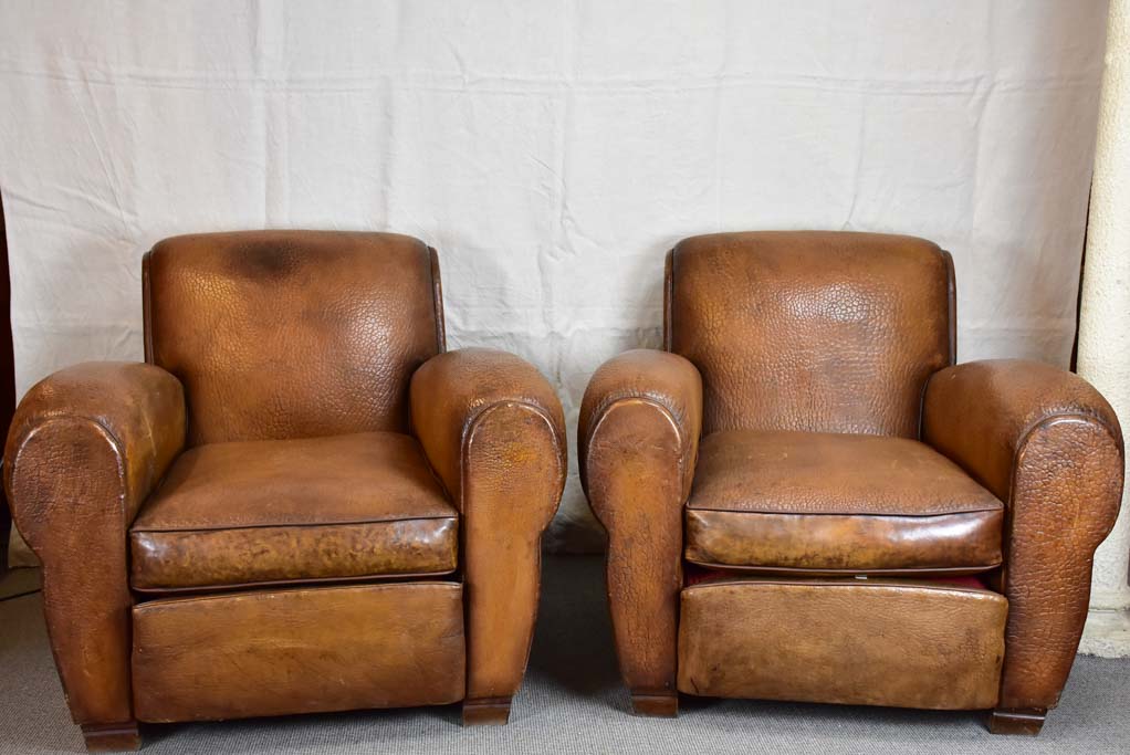 Pair of very large 1950's French leather club chairs