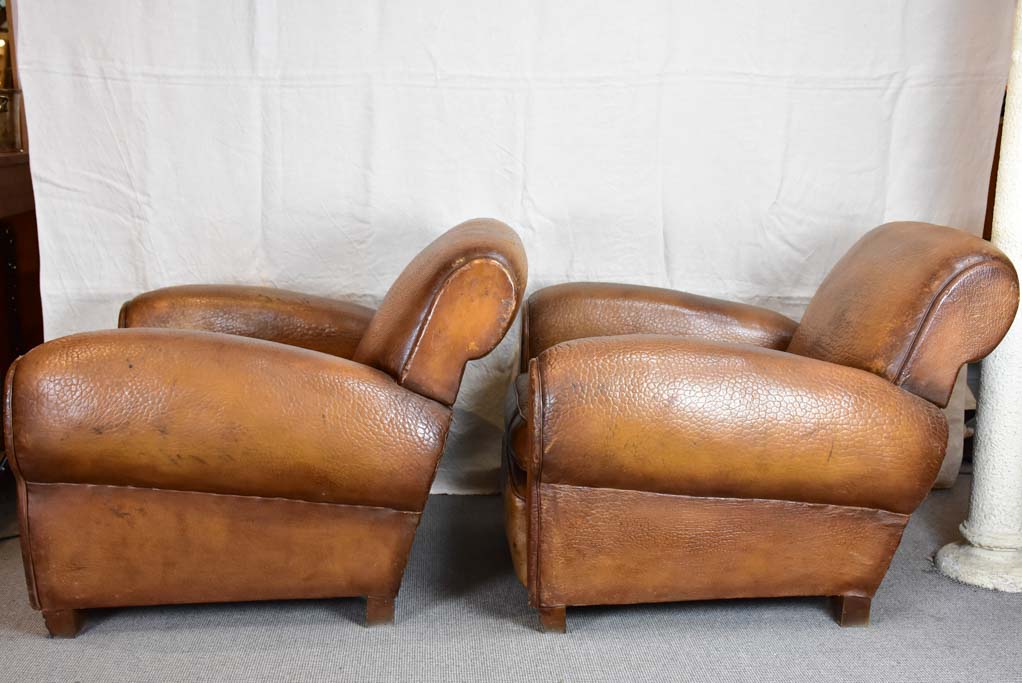 Pair of very large 1950's French leather club chairs