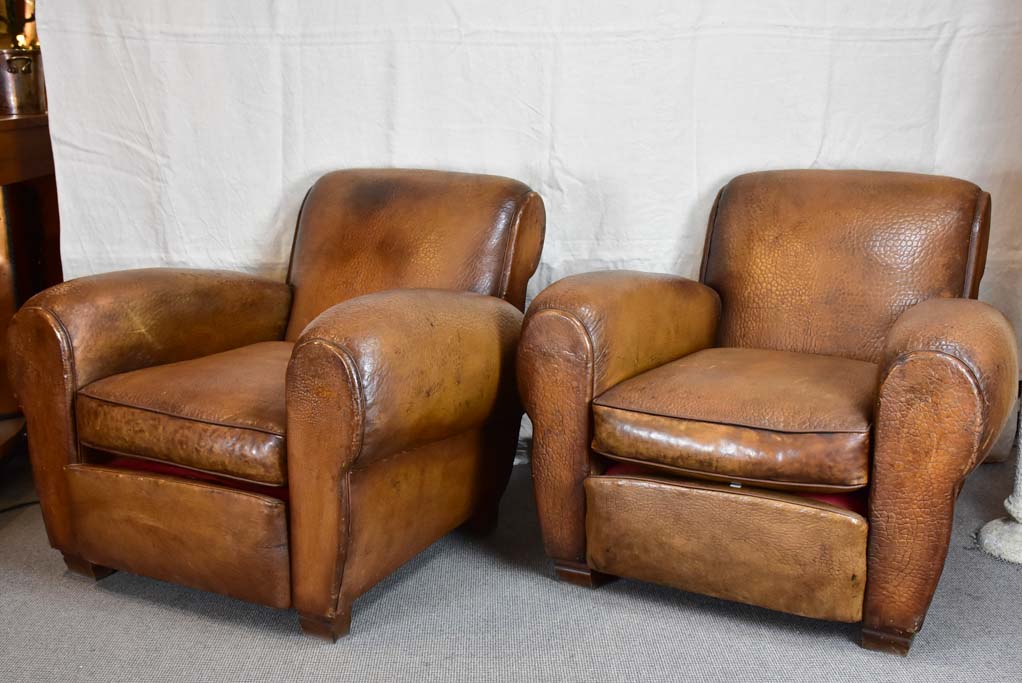 Pair of very large 1950's French leather club chairs