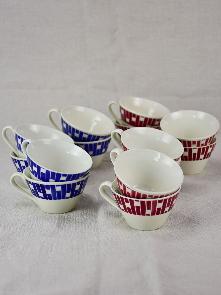 Set of 14 mid century coffee cups with blue and red pattern