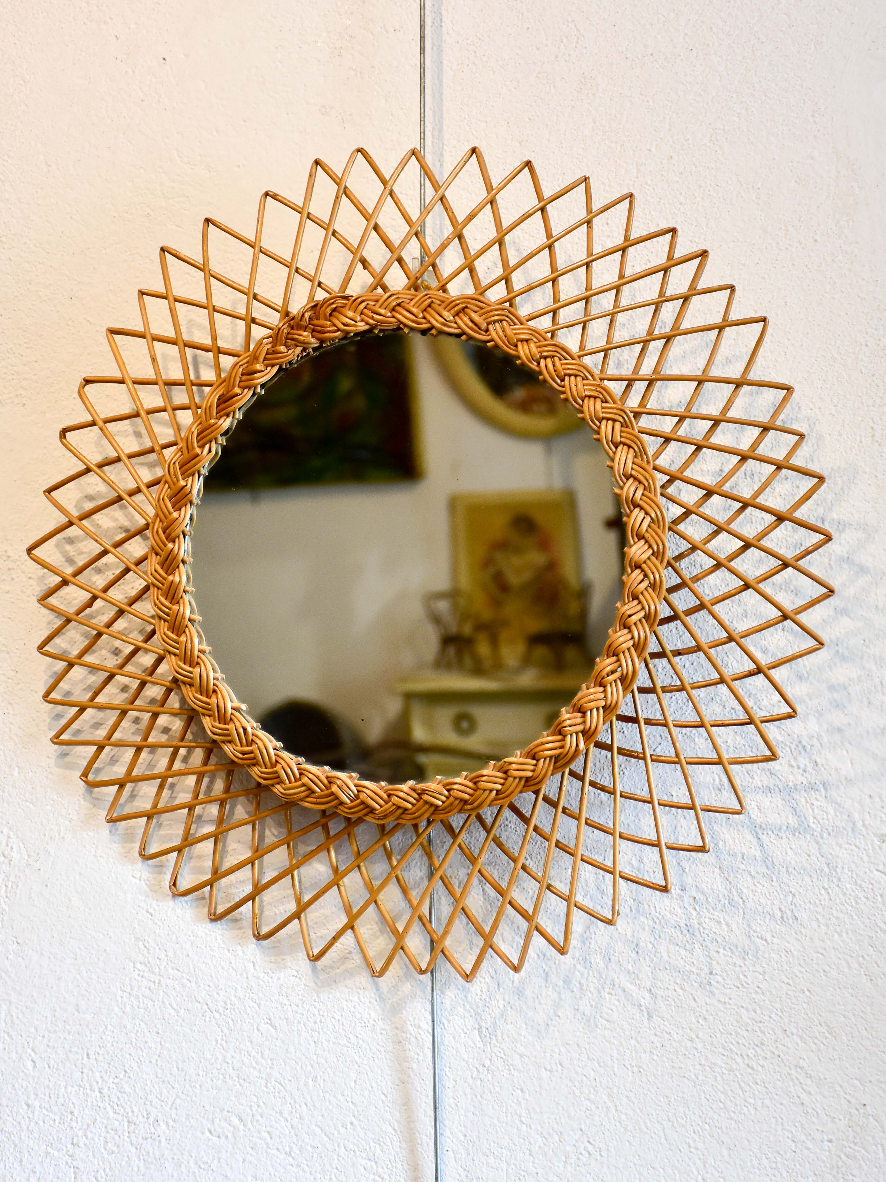 Vintage sunburst mirror with rattan frame