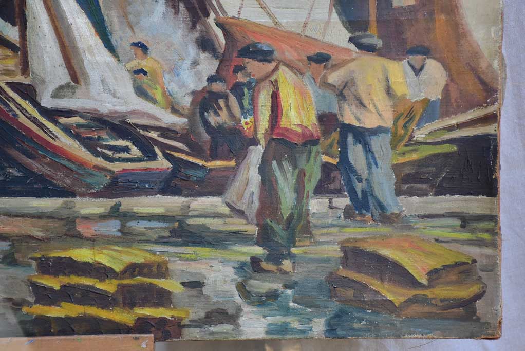 Late 19th Century painting of a fishing harbor 39½" x 25½"