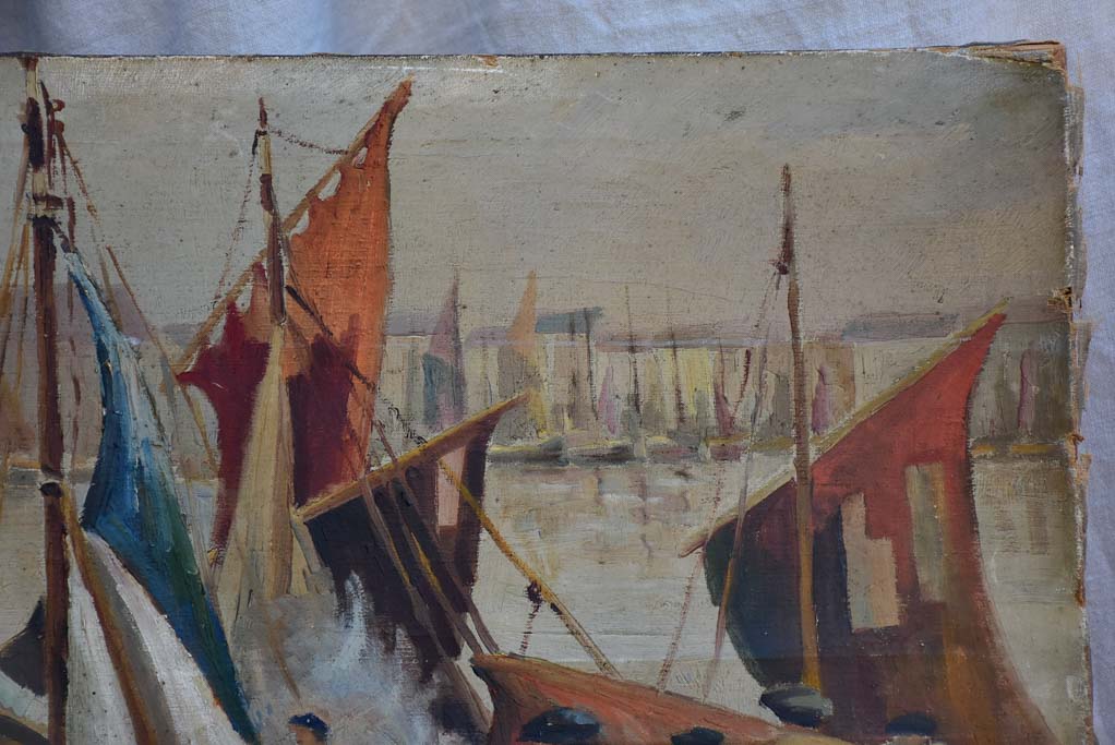 Late 19th Century painting of a fishing harbor 39½" x 25½"