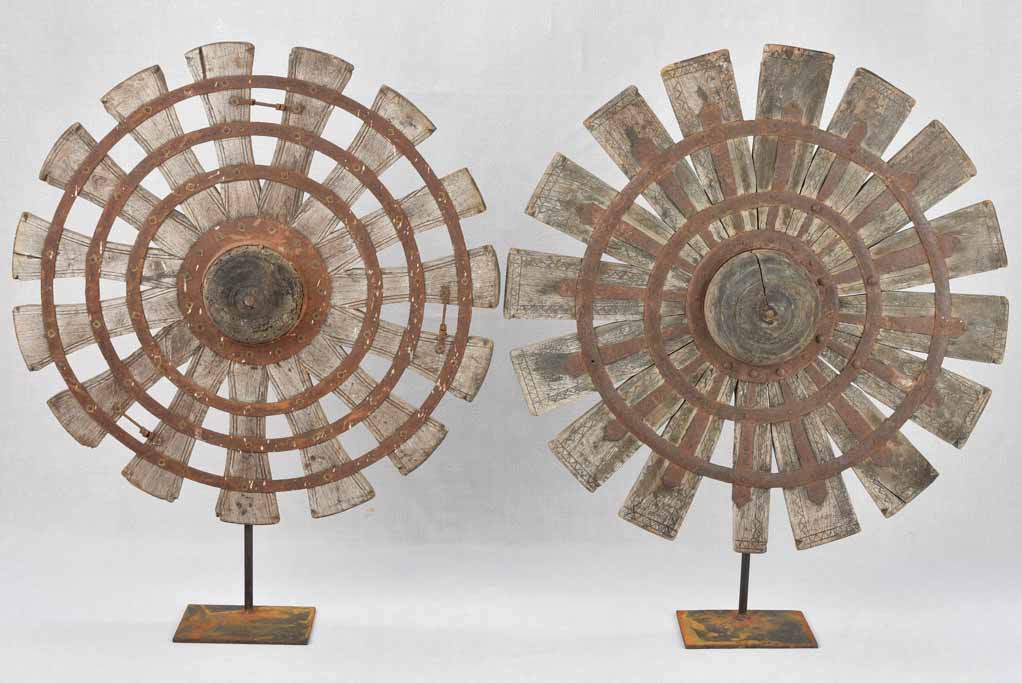 Vintage minimalist wooden sunburst sculptures