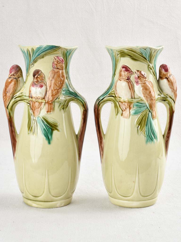 Pair of Art Nouveau Majolica bird vases 10¾"