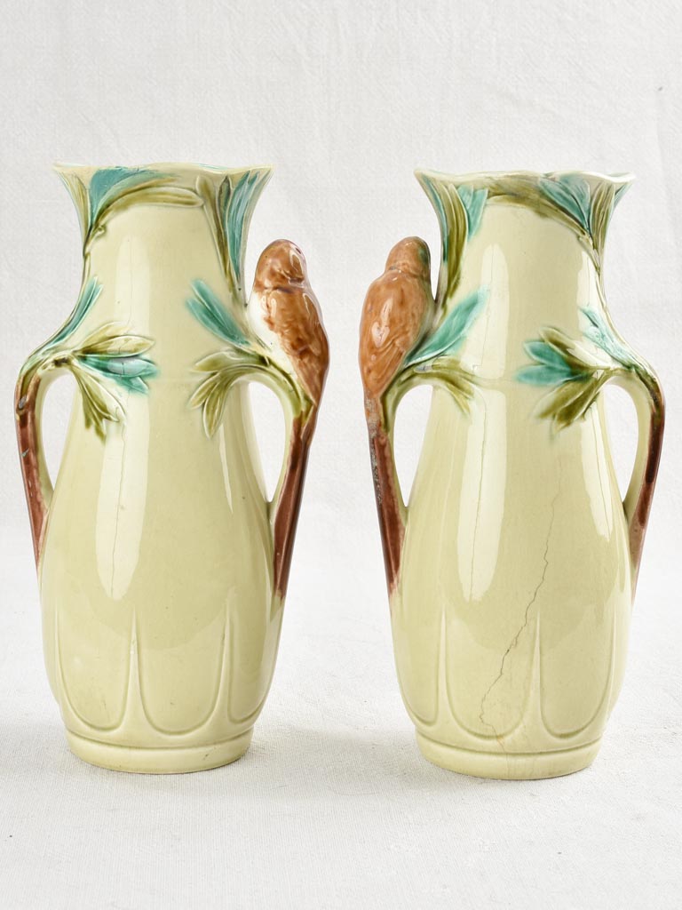 Pair of Art Nouveau Majolica bird vases 10¾"