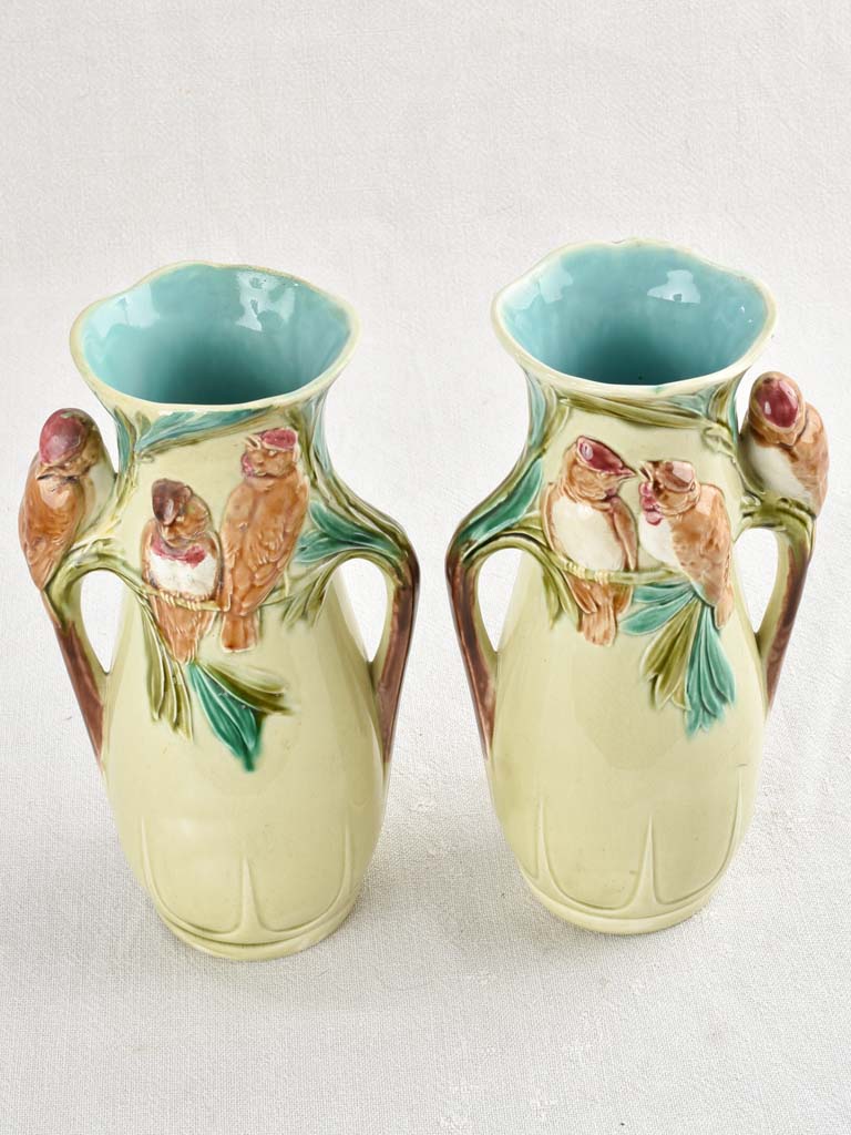 Pair of Art Nouveau Majolica bird vases 10¾"