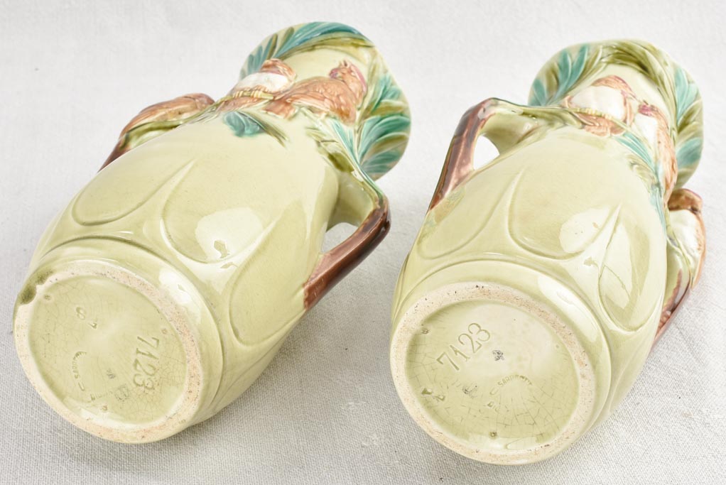 Pair of Art Nouveau Majolica bird vases 10¾"