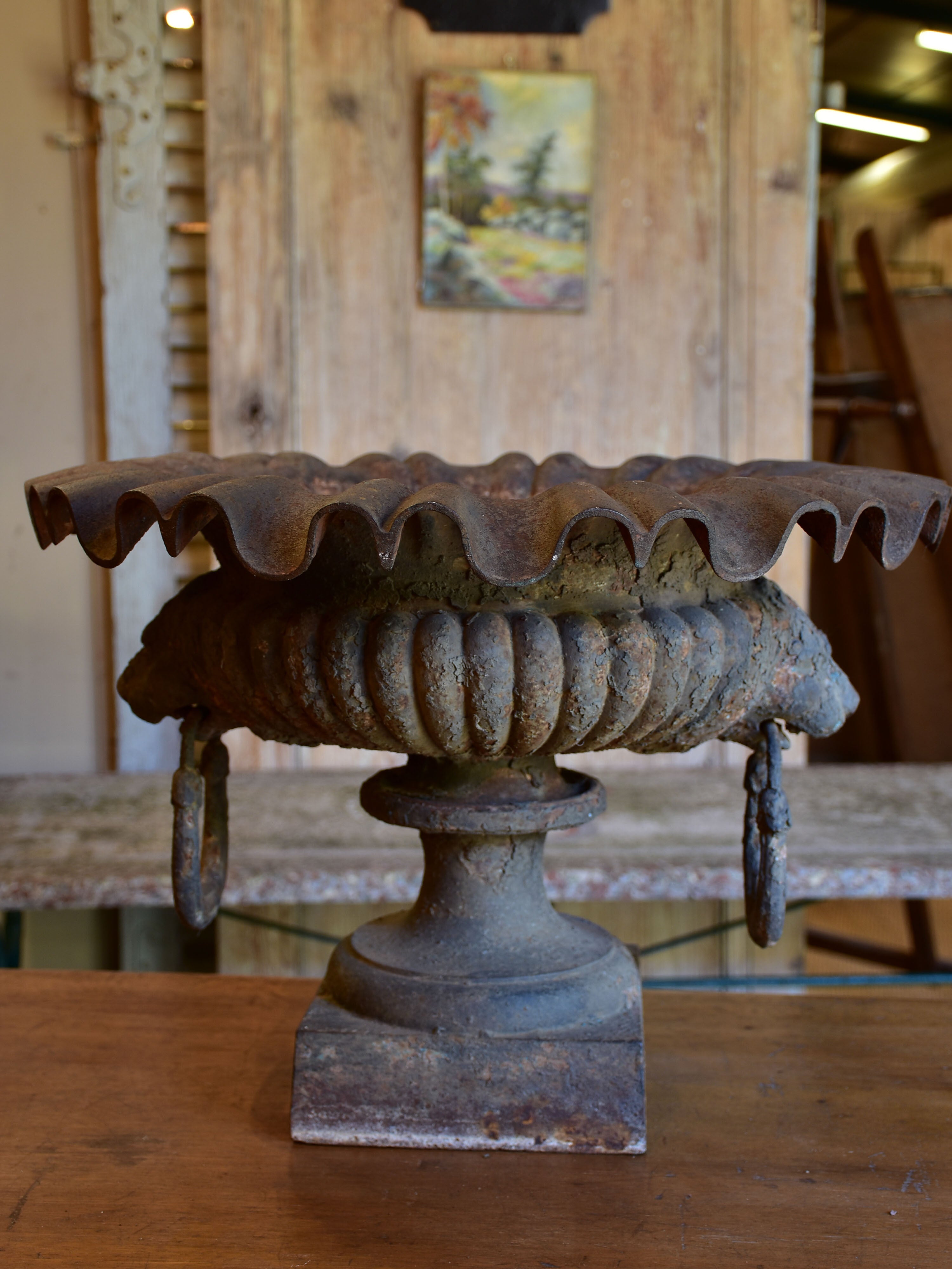 Large antique French urn with lions head handles and rippled edge