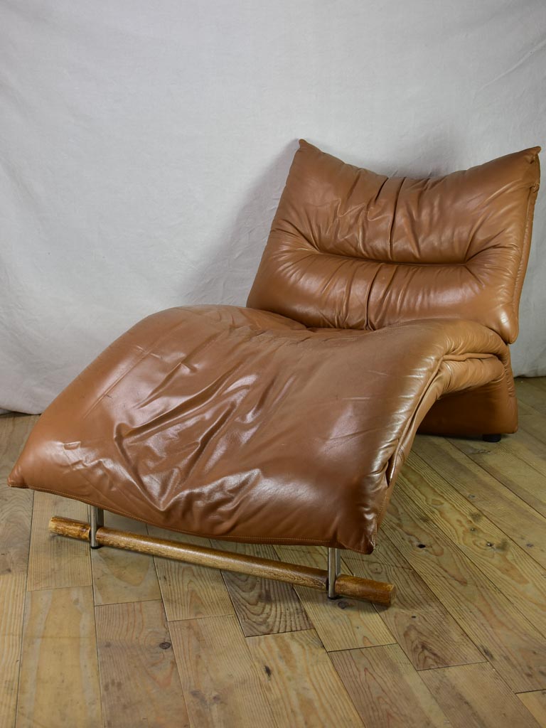 Very large brown leather chaise longue - 1960's lounge chair 61"