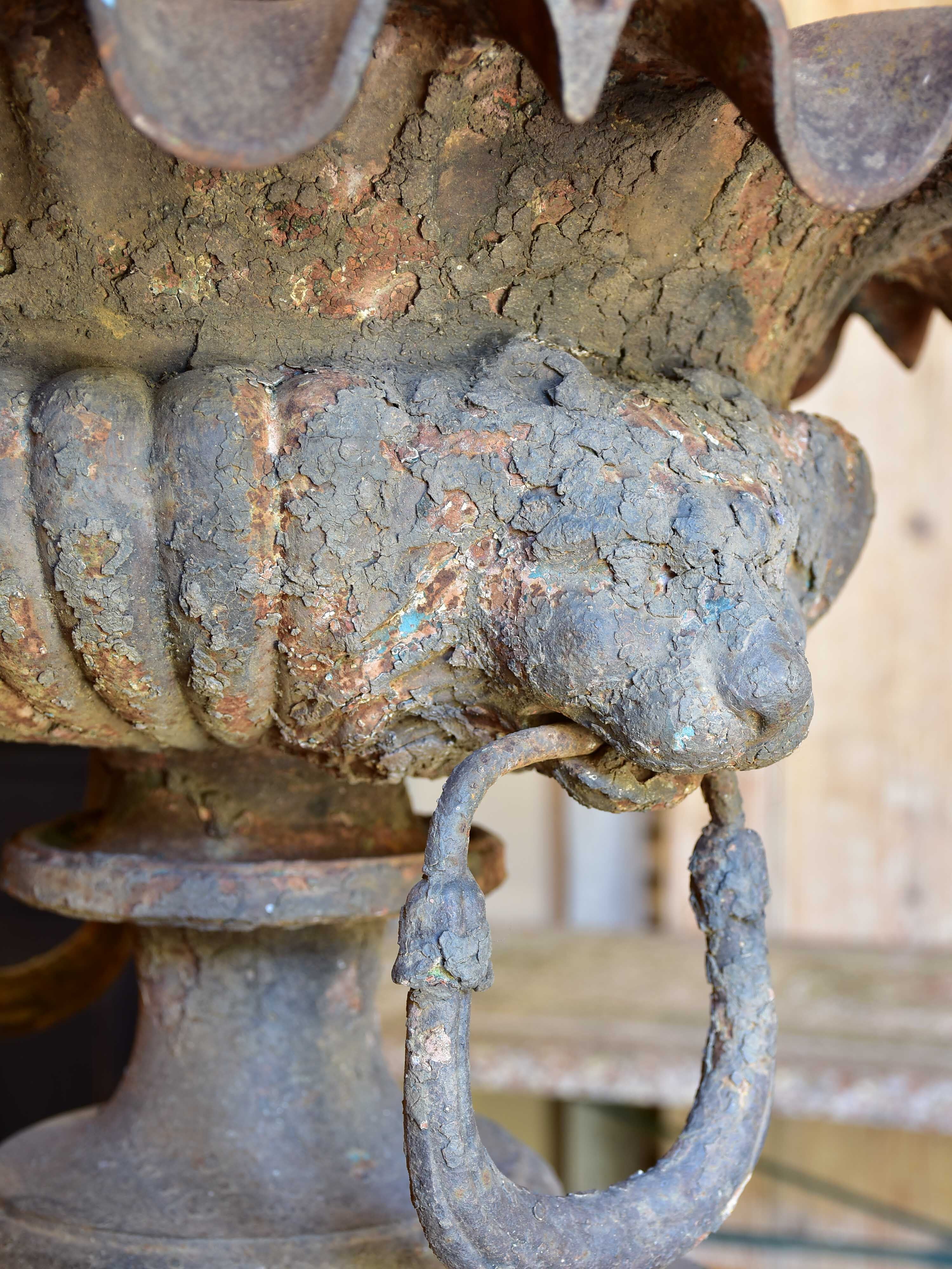 Large antique French urn with lions head handles and rippled edge