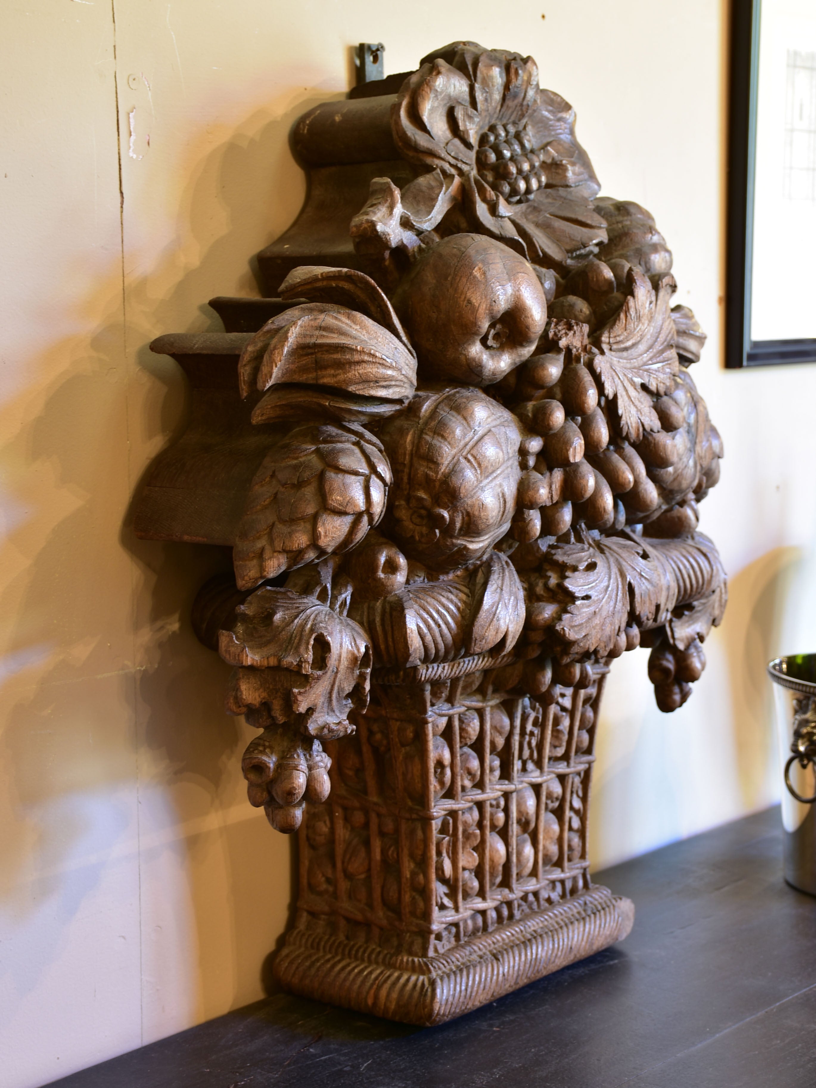 Large carved oak fruit basket from a 19th century boiserie