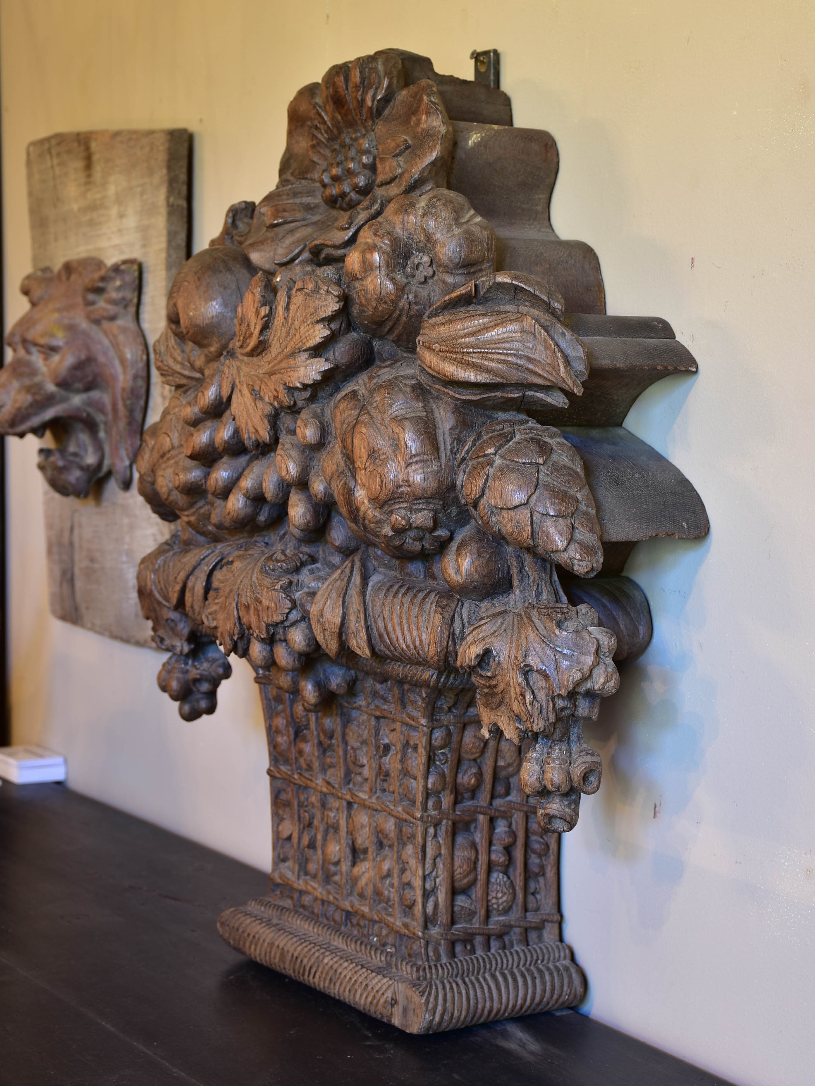 Large carved oak fruit basket from a 19th century boiserie